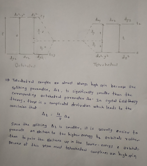 dx2-y dz2 e day dxz dyz to 7/10 - - ! n dxz dyż tag dyz d 2 dx2-y2 Tetrahedral Octahedral Tetrahedral complex are almost alwa