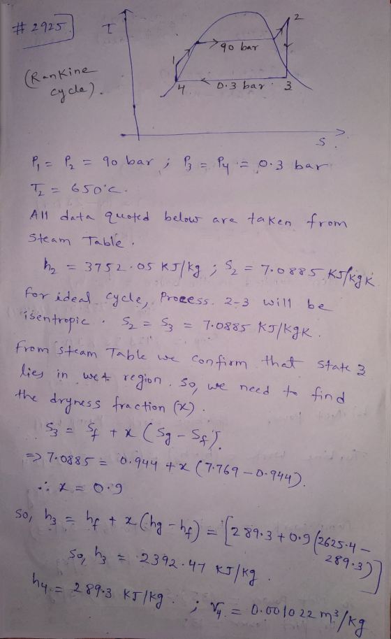 #2925 + I 90 bar (Rankine cycle). 4. 0.3 bar 3 S KJ/kg k - 0.3 bar P = P2 = 90 bar; z = Py T - 650°C. All data quoted below a