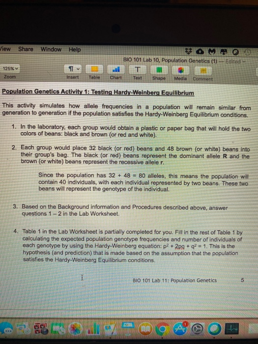 Jiew Share Window Help Edited 125% Zoom BIO 101 Lab 10, Population Genetics (1) T Chart Text Shape Media Comment Insert Table
