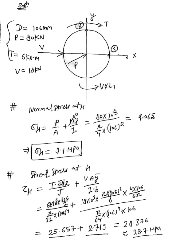 Solo - 106mm P= 80kn T= 6kN-M S X v=18EN را VX لا # Normal stress att 80x108 9.069 XX (106)2 = - on= 8.1 mpa 1.b # Shear stre