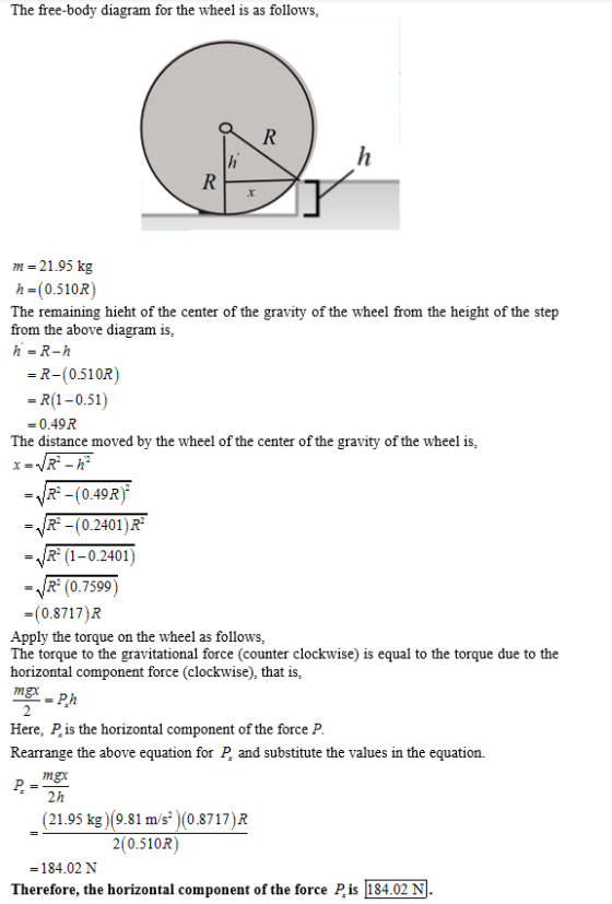 The free-body diagram for the wheel is as follows, m=21.95 kg h=(0.510R) The remaining hieht of the center of the gravity of