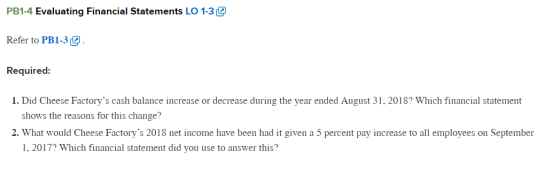 PB1-4 Evaluating Financial Statements LO 1-3 @ Refer to PB1-3. Required: 1. Did Cheese Factorys cash balance increase or dec