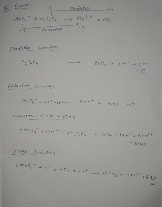 0 Civen +3 + H₂C₂O4 oxidation +4 Mrzt & Co Mnoy +2 + 7 Reduction Cridahon reaction H₂ C₂O4 2 CO2 + 2H+ + re- Reduction reacti