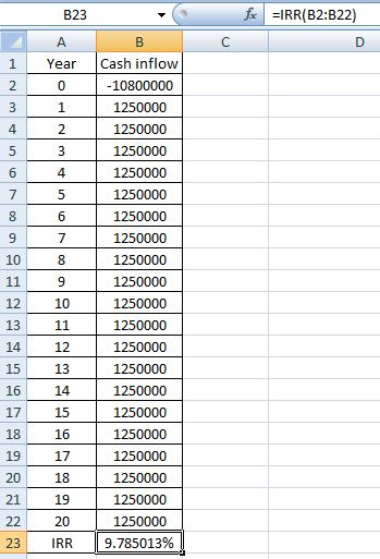 fe =IRR(B2:B22) B23 Cash inflow Year -10800000 3 1250000 1250000 1250000 6. 4 1250000 1250000 8. 1250000 1250000 10 1250000 1