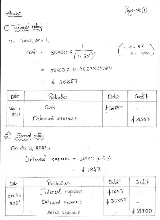 Page: No Answer 0 Journal contenu On Jan 1, 2001, Cash = C.. = 5% n = 1 year 38700 X = 38400 X 0.9523809524 - $ 36854 857 Dat