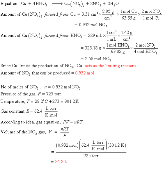 Equation : Cu + 4HNO —— Cu(NO3), + 2NO, + 2H,0 1 mol Cu 2 mol NO, Amount of Cu(NO3), formed from Cu = 3.31 cm x 8.95g cm 63.5