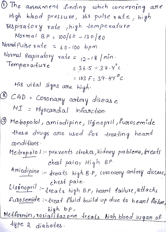 0 The assessment finding which concerning are - High blood pressure, His pulse rate, high respiratory rate ,high temperature