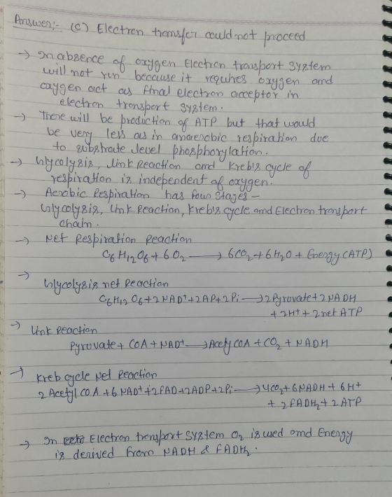 Answer: - (6) Electron tremsfer could not proceed - In absence of oxygen Electron transport system will not ron because it re
