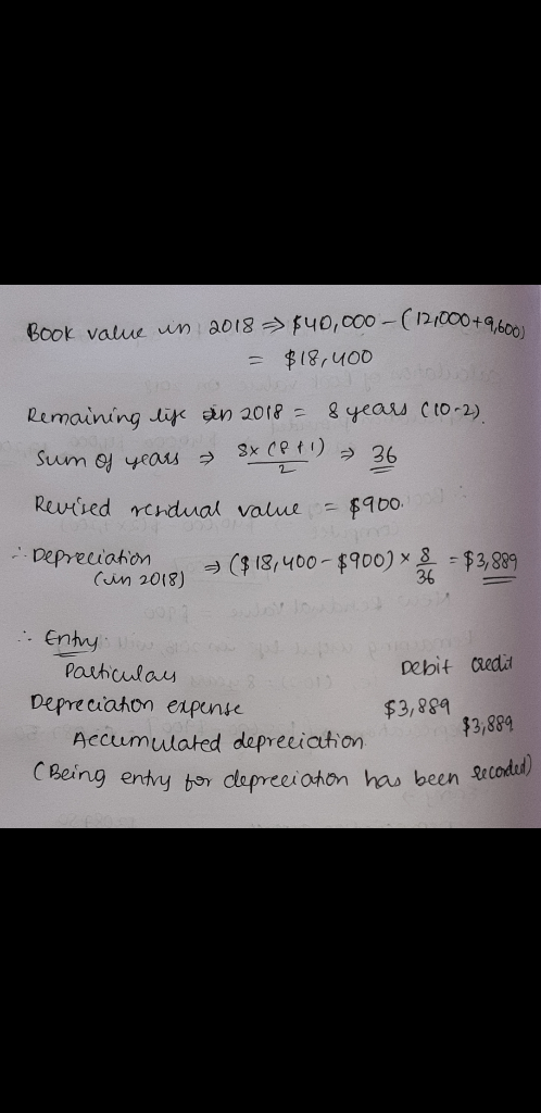 Book value wn ao18fuo, cOo- (21000+9ten $18,400 tp Remaining li n 20188 yeau cto-2) Sx CPt) 36 Sum o yeaus Revired rendual va