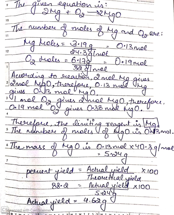 & The gaug + Og hugo The given equation is: The number of males of ug and Qu we? ugleicles = 3.19g = 0·13 mol - 24.3 glinal
