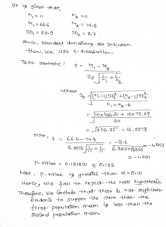 g+ in giron that, n = 11 na = 11 M, = 66.6 M2 = 74.8 SD, = 20.9 = 8.7. Since, Standard deviationg ose Unknowon. then, we use