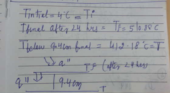 Tintial=46 - Ti I final after 24 hrs = Tf = 510.88 C I felew 9.4em final = 412. 18°C = T Da if (after 24 hiss a quem t