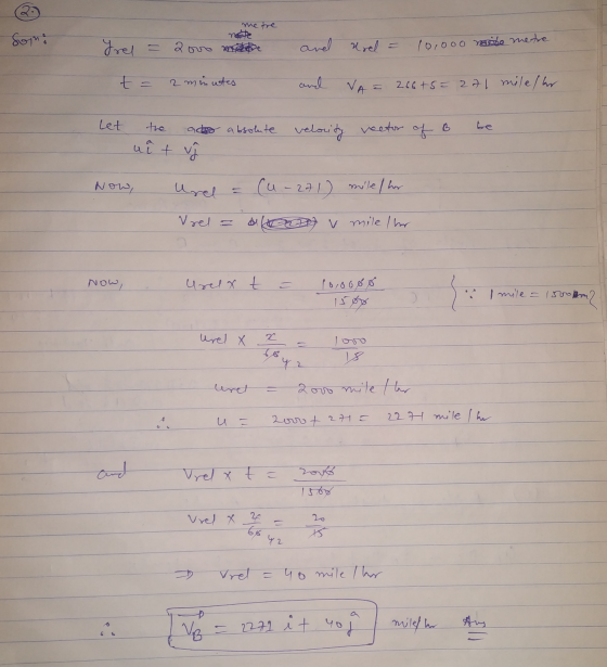 Son: metre ne te e Irel = 2 ovo m and url = 10,000 reite metre t 2 minutes and VA = 266+5=271 milestar Let velocity the abo a