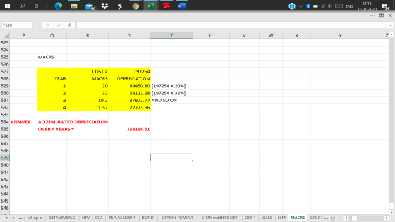 A 23:12 31-07-2020 ENG Q E 66 34 T539 . P Q R S T U V W X Y ZA 523 524 MACRS 525 526 527 528 COST = YEAR MACRS 529 20 1 2 197