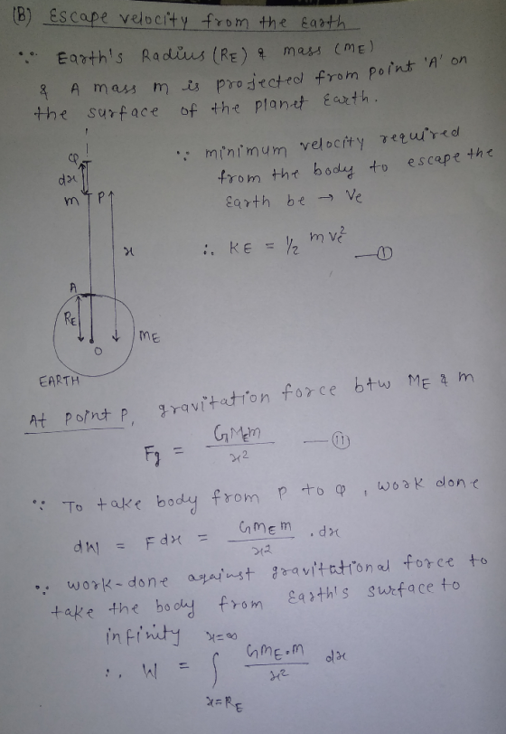 from the Earth (B) Escape velocity ... Earths Radius (RE) & mass (ME) & A mass im is projected from point the surface of the