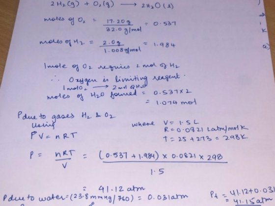 2H₂ (g) + O₂(g) 2 H₂O (1) moles of O₂ = 17. 20g = 0.587 32.0g/mol moles of H2 = 2.0g = 1.984 1.008 g/mol = 1.984 Imole of O2