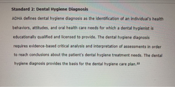 Standard 2: Dental Hygiene Diagnosis ADHA defines dental hygiene diagnosis as the identification of an individuals health be