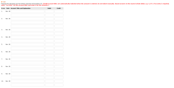 (a ) Prepare the adjusting journal entries required at November 30. (Credit account titles are automatically indented when th