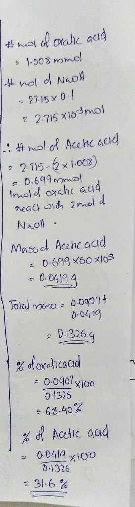 쏴 held oahc acid 1.003 mmol - 27.15 0 2715 omol P 2.715x L.003) 6.699mm Naolh Masel Acehc aad 0-0219 9 のSS ct 0.699 x60 xlo3