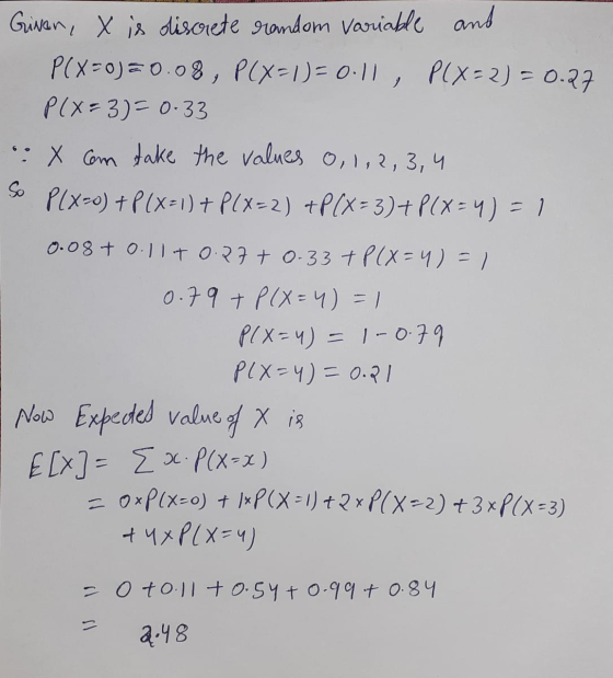 Given, x is discrete random variable and PCX=0)=0.08, P(x-1)=0:11, PCX-2) = 0.27 P(x=3)= 0.33 X con take the values 0, 1, 2,