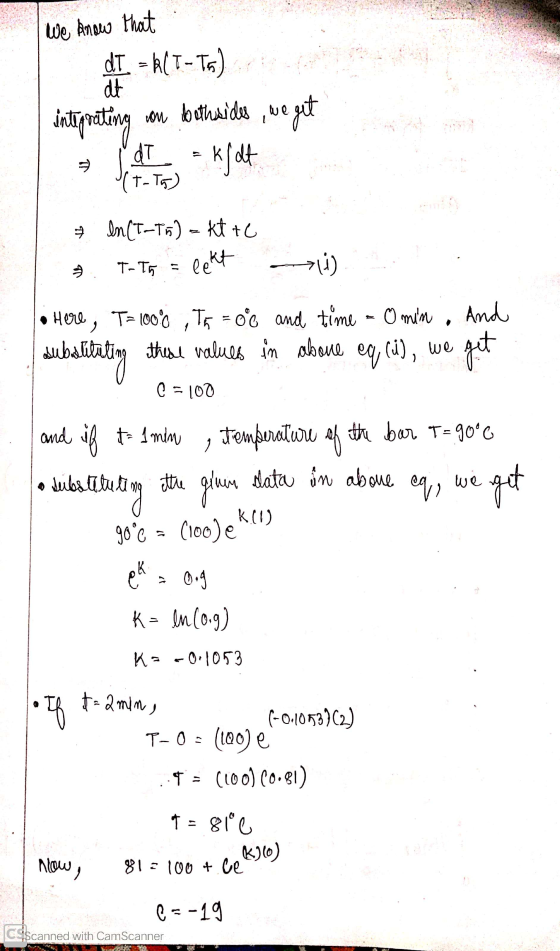 We know that di = R(I-T6) dt integrating con bothsides, we get dT - kfdt T-T5) 7 In (T-Tn) = kt te T-T5 = elekt 키) Ub 1 • Her