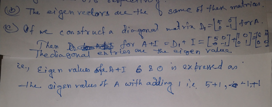 O The eigen vedors are the ŏ sane 5 thex matrices. O Of we construch a diagonal mad via -5torA C on Them B dtom t for A +I D,