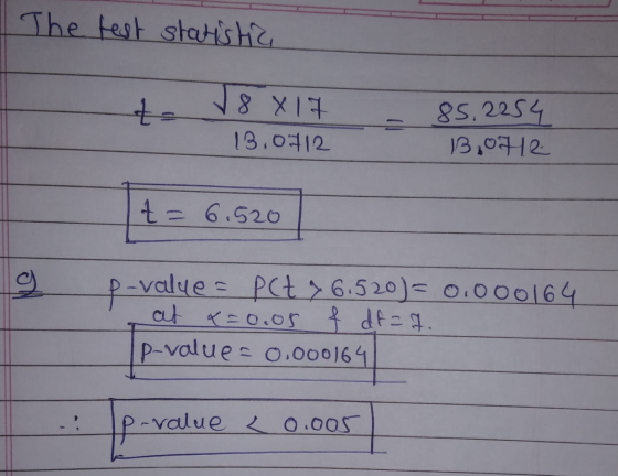 The test statistic ta J8x17 85.2254 B.0712 13.0712 t= 6.520 p-values PCZ 76.520) = 0.000164 at x=0.05 f df = 7. P-value = 0.0