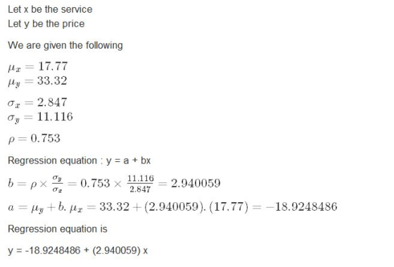 Let x be the service Let y be the price We are given the following My = 17.77 My = 33.32 or = 2.847 Oy = 11.116 p=0.753 Regre
