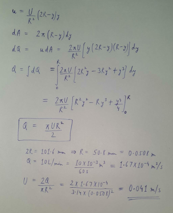 U (2R-9) dA R² 2a (R-y) dy da = udA - 2aV/y(22-7)(y) by = (2xU [ 2R² y = 3Ry² + 43 dy y R d = { da R² 0 = 24V (R² y ² - Ry3 +