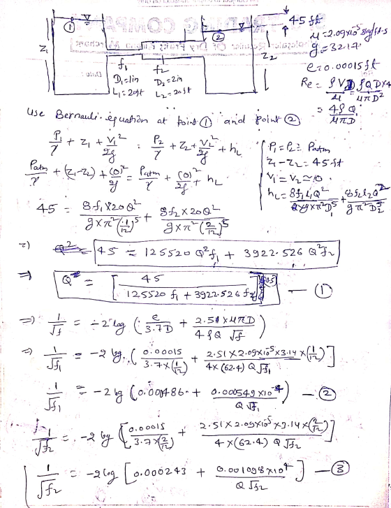 - 45 st q 4-2.09xã Bradfes ty :9160 | Dalin D₂ =2in 14,22066 L₂=2018 Use Bernauli équation at being e20.00015ft Re: SVI SQ D