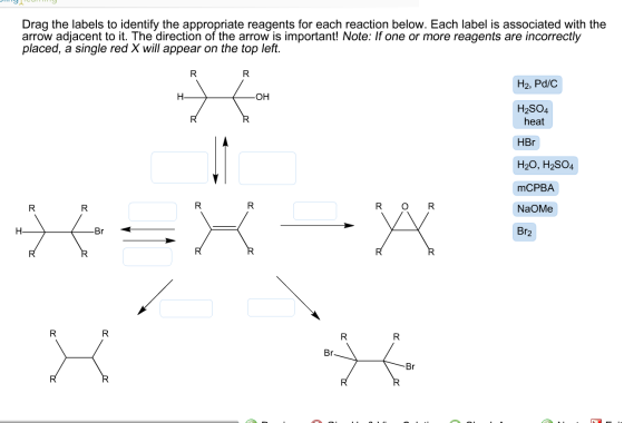 Drag the labels to identify the appropriate reagents for each reaction below. Each label is associated with the arrow adjacent to it. The direction of the arrow is important! Note: If one or more reagents are incorrectly placed, a single red X will appear on the top left. H2, Pd/C H2SO4 heat HBr H20, H2SO4 mCPBA NaOMe Br2 R O Br.