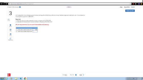 + → C r ewconnect. meducation.com/how/connect.html Chapter 5 Homework Help Seve & Exit Submit Check my work Lin Corporation h