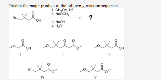 Predict the major product of the following reaction sequence. 1. CHOH, H 2. NaOCH Br ? QH 3. NaOH 4 H30 کلام علام ال CH || II
