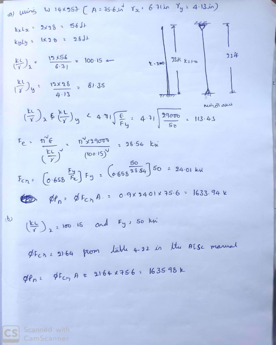 a) ming W 14x257 [ A = 75.6 is 8x² 6.7lin Yyz 4-13 in) kxlx ? 2x28 2 56ft Kyly 1x282 2882 225 12x56 - a 6.71 100 is - o 384 k