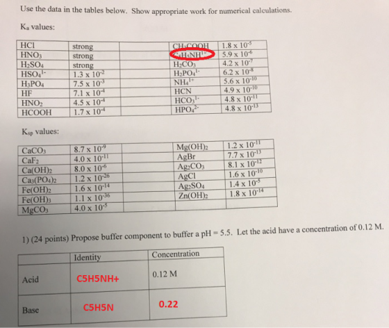 Use the data in the tables below. Show appropriate work for numerical calculations. Ka values: | HCI HNO3 H2SO4 HSO H3PO4 HF