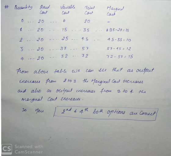 * Quantity fixed Cart Vavable Cart Total Cart Marginel Cart 0 20 20 1 20 15 35 b 35-20-15 2 25 45 45-35=10 3 37 57 57-45 - 12