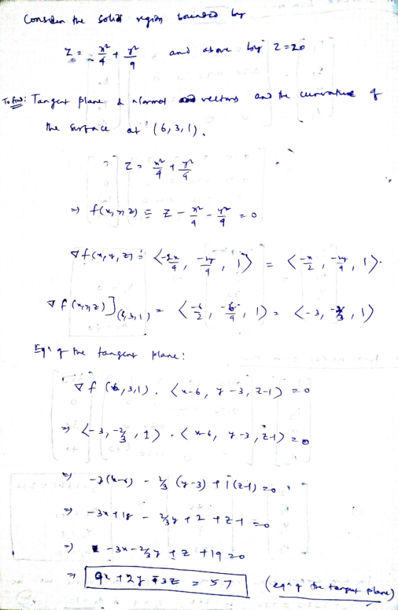 Consider the sole region bounted by and by 2=20 Z2 + 4 9 on vectors an the curvature of To find: Tangent plane a alarmas the