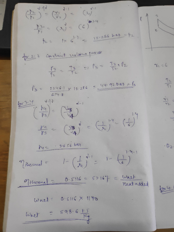 $22 1x 619 - 12.2.86 bas -$2. for 2-3 constant volume process &c=6 - 12 12.286 44.92 Bar = P2 224611 X 614.3 for 3-4 by = 3.6