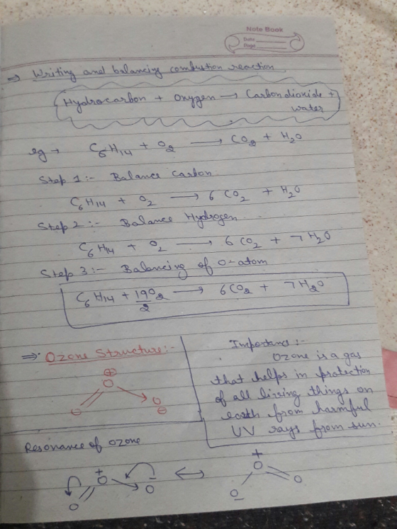Note Book Date page Writing and balancing combustion reaction - (Hydrocarbon & Oxygen Carbon dianide 7 water eg Gethin to coo