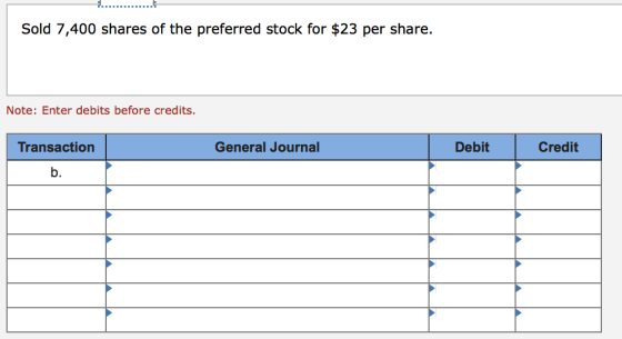 Sold 7,400 shares of the preferred stock for $23 per share. Note: Enter debits before credits. Credit Transaction General Jou
