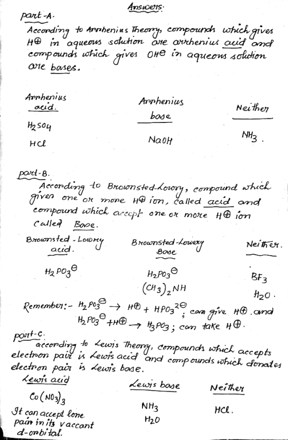 Answers part-A. According to Arrohenius Theory, compounds which gives HD in aqueous solution ore arrhenius auid and compounds