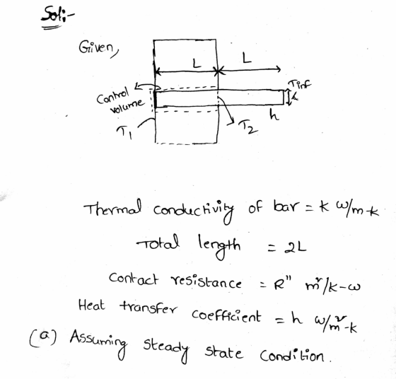 Given, y Tink Control volume i ir Paz Thermal conductivity of bar = kw/mk Total length = 2L contact resistance =R mlk-w Heat