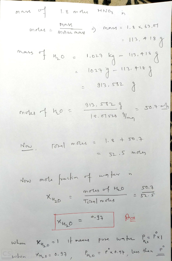 mass of 1.8 mae HNO3 in mass ( mu - m) on my man = mass = 1.84 63,0 = 113,4 18 g mass of yo = 1.027 kg - 113,418 g - 1027 g -
