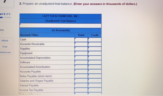3. Prepare an unadjusted trial balance. (Enter your answers in thousands of dollars.) art 3 of 9 LAZY SOFA FURNITURE, INC. Un