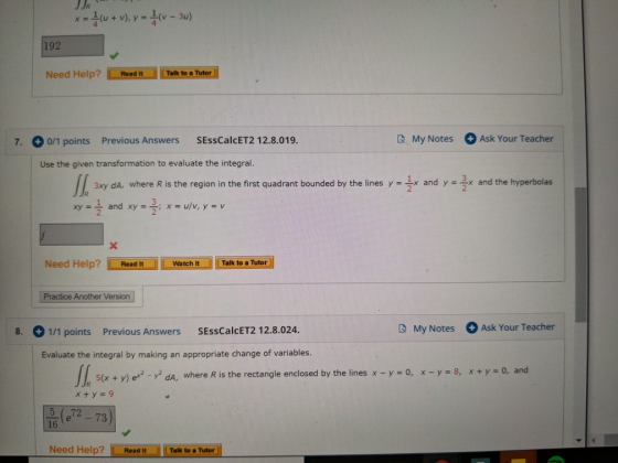 JJR x1+ v), y = 1V - 34) 192 Need Help? Read it Talk to a Tutor 7. 0/1 points Previous Answers SessCalcET2 12.8.019. RMy Note