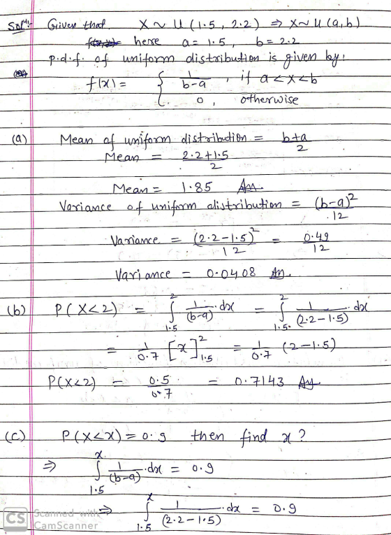 sol! Given that, Xn u 41.5, 2.2) = XNu (a, b) f here Anti5 b = 2.2. Pidifof uniform distributten is gives beye Flas bra it ac