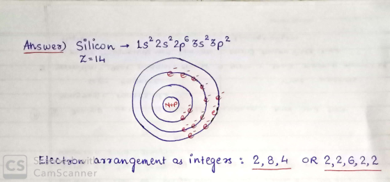 Answer) Silicon - 1s 2s%2p 3sº 3p? Z=14 CS SElectrowitarrangement as integers : 2,8,4 OR 2,2, 6, 2, 2 CamScanner