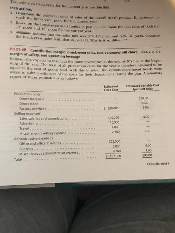 2. Based on the break-even sales (units) in part (1), determine the unit sales of both the 70% The estimated fixed costs for