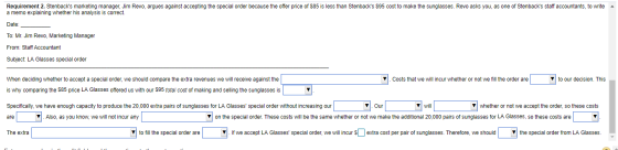 Requirement 2. Stenbacks marketing manager, Jim Revo, argues against accepting the special order because the offer price of
