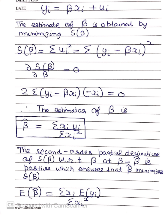 CS-Mafcii.coin WILITCamScartier DATE Yi = ßali tui The estimate of ß is obtained by minimizing S (3) S(P) = { ui² = {(yi - Ba